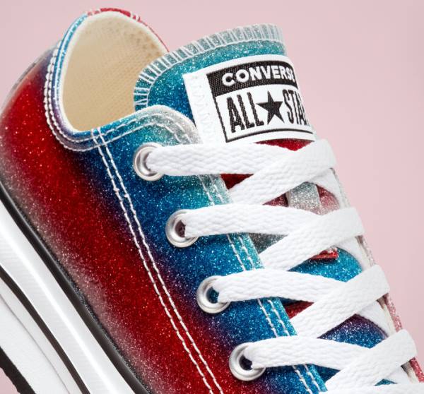 Trampki Niskie Converse Chuck Taylor All Star Lift Platformie Glitter Drip Niebieskie Białe Czerwone | CV-360REU