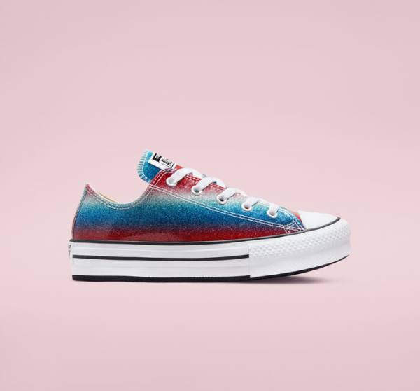 Trampki Niskie Converse Chuck Taylor All Star Lift Platformie Glitter Drip Niebieskie Białe Czerwone | CV-492WPQ