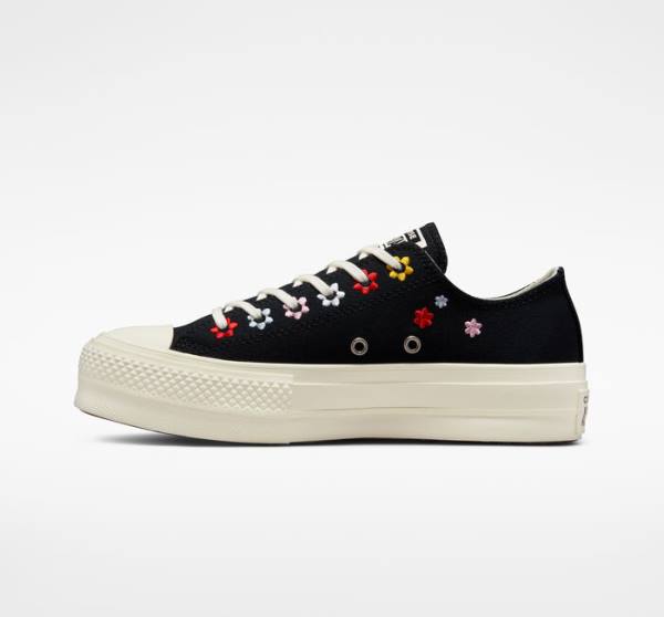 Trampki Niskie Converse Chuck Taylor All Star Lift Platformie Floral Embroidery Czarne Kolorowe | CV-619XVC