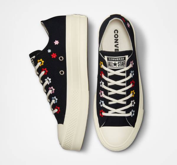 Trampki Niskie Converse Chuck Taylor All Star Lift Platformie Floral Embroidery Czarne Kolorowe | CV-619XVC