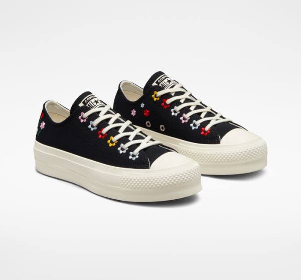 Trampki Niskie Converse Chuck Taylor All Star Lift Platformie Floral Embroidery Czarne Kolorowe | CV-619XVC
