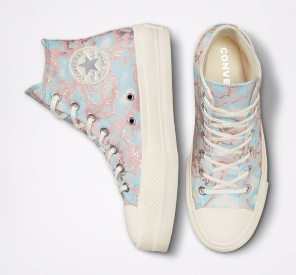 Trampki Wysokie Converse Chuck Taylor All Star Lift Platformie Marble Srebrne | CV-073IML